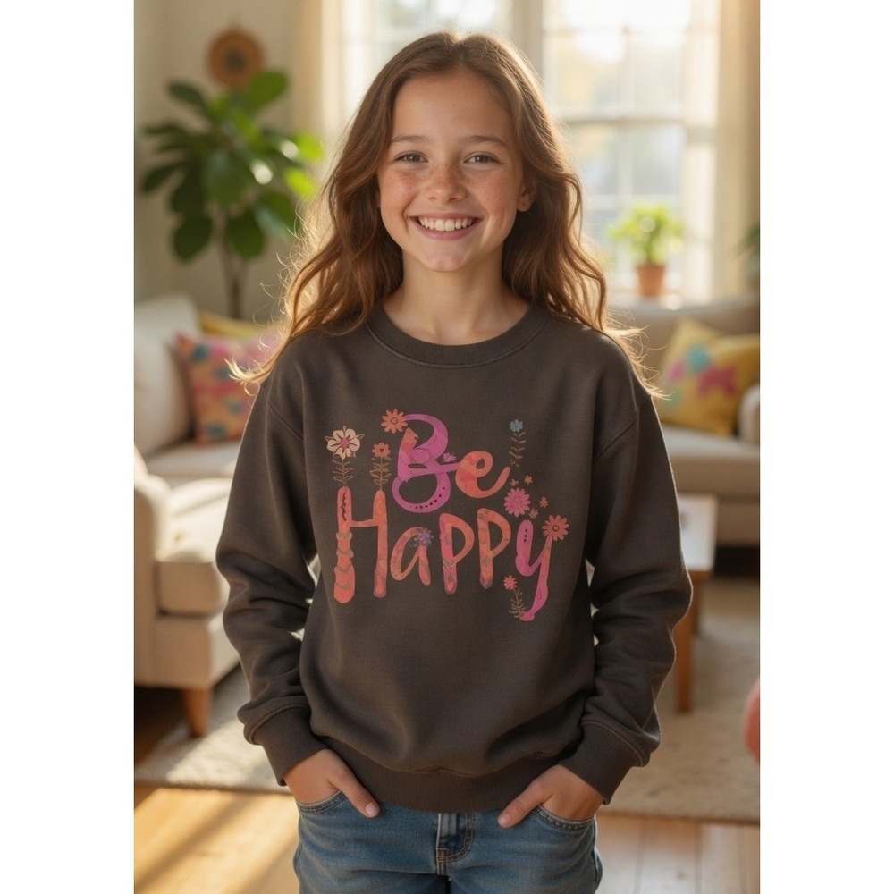 Natural Life Girls Be Happy Floral Graphic Sweatshirt Charcoal‎ Gray Size 10-12